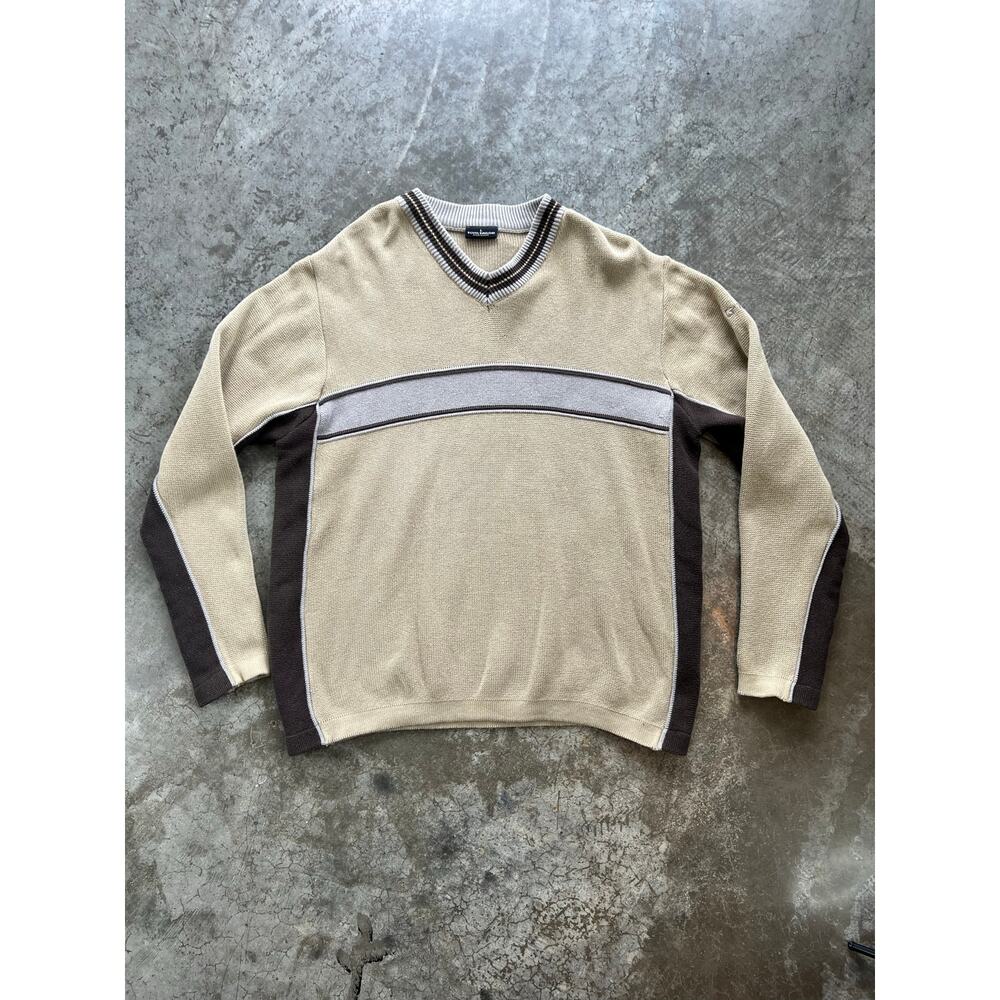 Vintage Tom Tailor 90s Sportswear V-Neck Sweater Earth Tone Paneled Knit Men's L